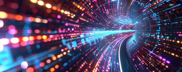 Poster - A vibrant tunnel of light and colors, representing speed and digital connection in a futuristic environment.