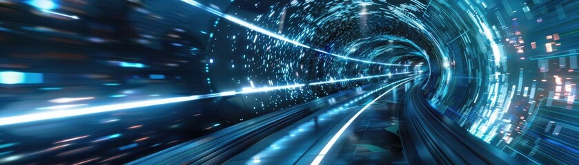 Poster - Futuristic tunnel with light trails, symbolizing speed and technology. A dynamic visual for digital innovation and transportation.
