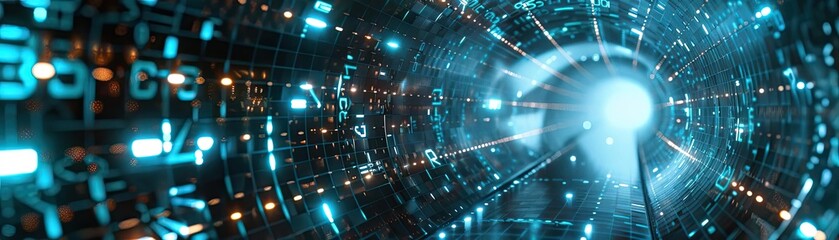 Poster - A futuristic tunnel illuminated by bright blue lights, showcasing a dynamic digital landscape and captivating energy flow.