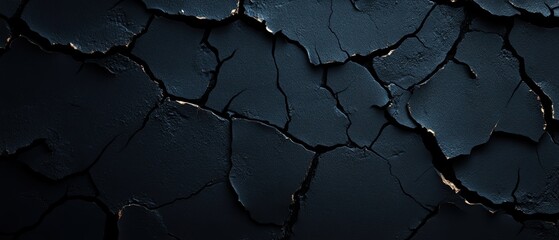 Poster - Detailed close-up of cracked black surface showcasing intricate textures and patterns. Ideal for backgrounds and abstract designs.