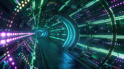 Poster - A vibrant, futuristic tunnel illuminated with colorful lights, conveying a sense of movement and advanced technology.