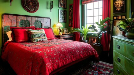 Wall Mural - Cozy and Contemporary Bedroom Showcasing a Vibrant Red and Green Color Scheme Creating a Serene and Inviting Atmosphere for Relaxation and Rest