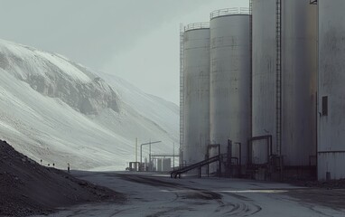 A desolate industrial landscape featuring large silos and a winding road, surrounded by barren terrain.