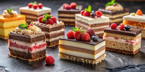 Assortment of delicious cake slices on a table with copy space for restaurant menu