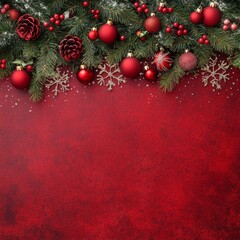 Festive pine branches with red Christmas ornaments and glittery snowflakes on a vibrant red background.