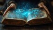 © furyon - futuristic holographic interface floating above open book illuminating hands with ethereal blue glow symbolizing future of education and knowledge transfer