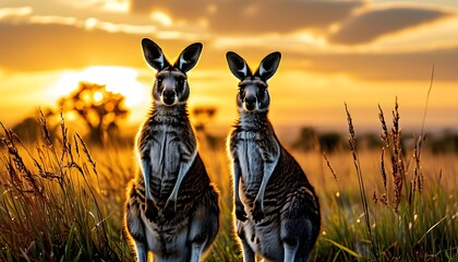 Kangaroos Amidst Tall Grass at Sunrise Under a Golden Sky in a Serene Wildlife Setting