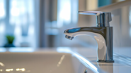 Shiny silver faucet in focus, with a white, sleek modern bathroom background softly blurred, emphasizing the faucet's elegant shape and texture