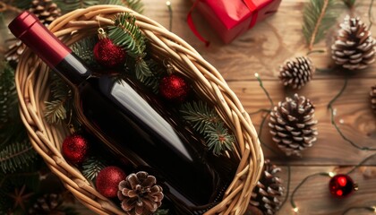 Christmas Cheer: A Festive Bottle of Red Wine in a Basket