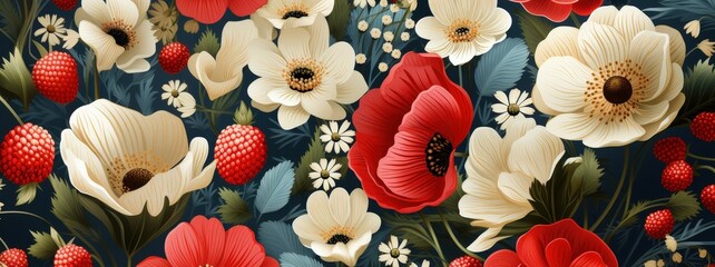 Poster - The floral composition showcases a mix of bold red poppies and delicate white anemones, surrounded by green leaves and berries, all set against a deep blue backdrop