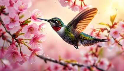 Vibrant hummingbird feeding on pink cherry blossoms against a warm glowing background