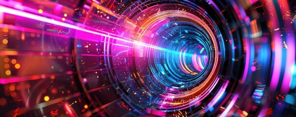Poster - Futuristic tunnel with vibrant light beams and colorful patterns, perfect for technology and sci-fi themes.