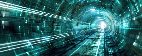 Poster - An abstract tunnel with glowing lights and digital patterns, symbolizing technology and futuristic concepts.