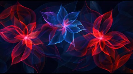 Poster - Dynamic floral shapes emerge in vivid red and blue hues, blending seamlessly against a dark backdrop, highlighting artistic digital design and creativity