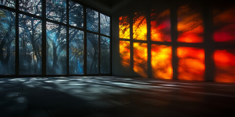 Poster - A large window casts a warm, colorful shadow on the wall of a room with a view of trees outside.