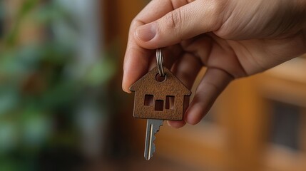 Wall Mural - Welcoming New Home - Hand Holding Key with Home-Shaped Keychain by Slightly Open Door in Bright Atmosphere