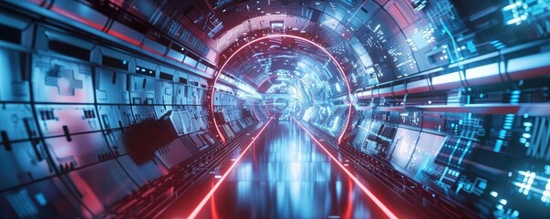 Poster - Futuristic tunnel with vibrant neon lights and glowing digital elements, creating a high-tech atmosphere for science fiction themes.