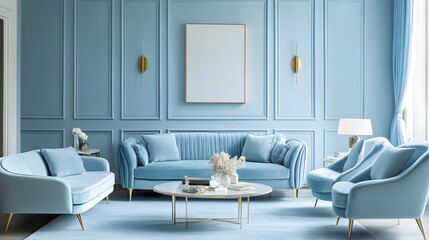 Wall Mural - Peaceful and Tranquil Living Room with Soft Pastel Blue Decor   Cozy and Inviting Interior Design Featuring Matching Furniture and Calming Color Scheme