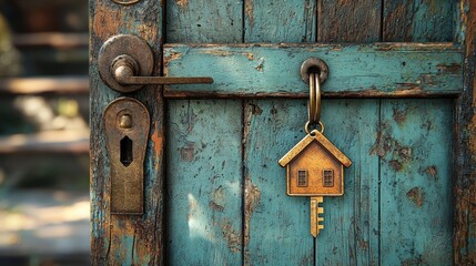 Wall Mural - Home Ownership Concept: Modern Door Ajar with Key and House-Shaped Keychain Symbolizing Property Access and Security