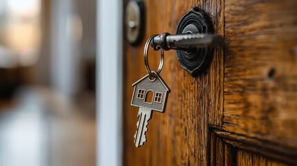 Wall Mural - Embracing Home Ownership - Modern Door Ajar with Key and Home-shaped Keychain Symbolizing Property Security