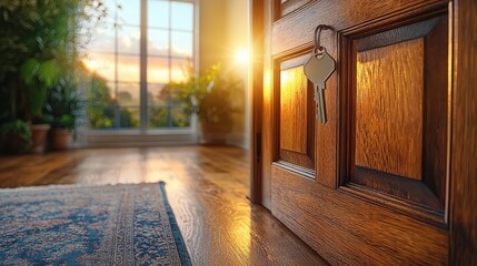 Wall Mural - Unlocking New Beginnings: Bright Interior with Key and House Keychain, Symbolizing Mortgage and Investment