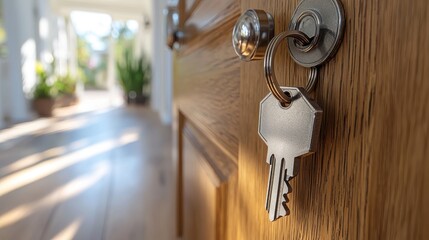 Wall Mural - Unlocking New Opportunities - Concept of Mortgage, Real Estate Investment, and Home Ownership with Key and House-Shaped Keychain Focus in Bright Interior