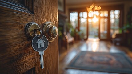 Wall Mural - Unlocking a Bright Future - Real Estate Concept with Key and House-Shaped Keychain in Open Door with Sunlight