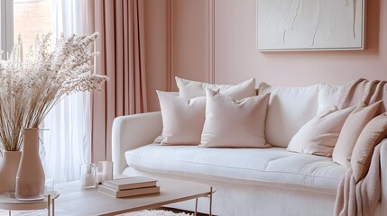 Wall Mural - Beautifully Decorated Living Room with Soft Blush Pink Walls and Accents of Rose Pink Hues Creating a Cozy and Elegant Atmosphere