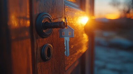 Wall Mural - Unlocking the Dream Home: Symbolic Key in Door Lock with House Keychain, Bright Light, Real Estate Concept