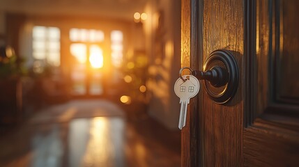 Wall Mural - Unlocking Happy Homes: Symbolic Key with House Keychain in Sunlit Door Lock, Real Estate Concept