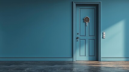 Wall Mural - Unlocking Your Dream Home - Key in Open Door with House-Shaped Keychain Symbolizing Buying New Home