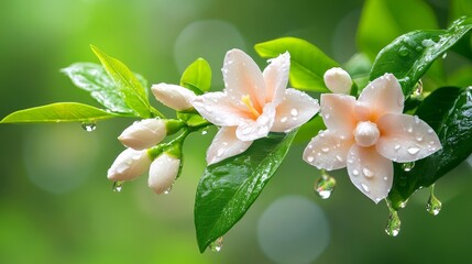 Wall Mural - A close-up of delicate flowers with raindrops on leaves, showcasing nature's beauty and freshness.