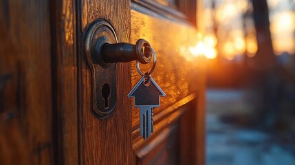 Wall Mural - Opportunity Awaits: Home-Shaped Key in the Lock of an Open Door Showing Bright Interior for Real Estate Investment Concept