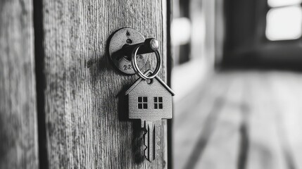 Wall Mural - Unlocking a New Beginning: Key with House-Shaped Keychain in Open Door Lock for Home Purchase Concept