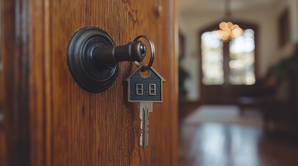 Wall Mural - Welcome Home - Key in House-shaped Keychain Locking Open Door, New Home Purchase Concept