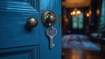 Wall Mural - Welcoming Real Estate Concept: Open Door with Key and Home-Shaped Keychain in Bright New Interior