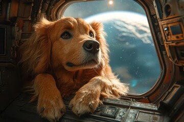 Wall Mural - cosmic canine gazes at earth from a futuristic spacecraft window combining whimsy and wonder in a surreal space exploration scene