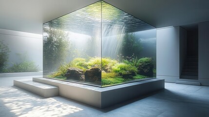 futuristic transparent cube aquarium floating in minimalist white room exotic bioluminescent fish and alien aquatic plants creating living art installation