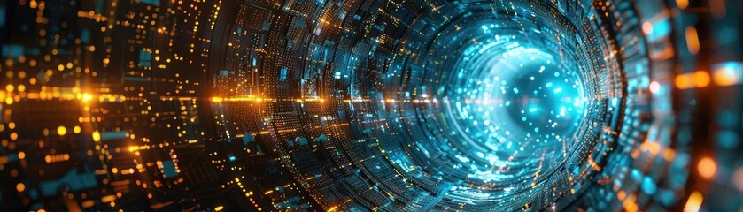 Poster - Futuristic digital tunnel with glowing particles and vibrant colors, symbolizing advanced technology and innovation.