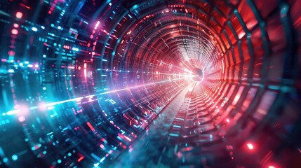 Poster - Futuristic digital tunnel illuminated with vibrant lights, showcasing an abstract, high-tech design and dynamic energy flow.