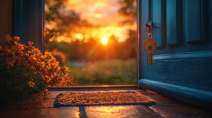 Wall Mural - Welcoming New Home: Open Door with Key and House-Shaped Keychain in Modern Interior with Natural Light Streaming In
