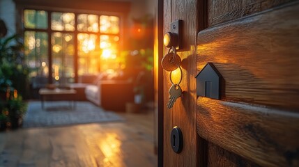 Wall Mural - Welcoming New Beginning - Open Door with Key, House-Shaped Keychain, and Light Streaming into Modern Interior