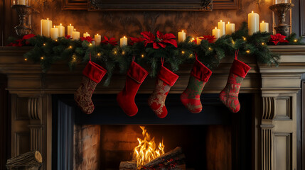 ornate christmas decorations on wood mantel fireplace, red hanging stockings and lit fire, copy spac