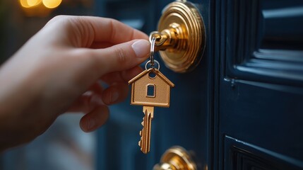 Wall Mural - Unlocking New Horizons - Hand Turning Key with House-Shaped Keychain in Open Door Symbolizing Property Investment Opportunity
