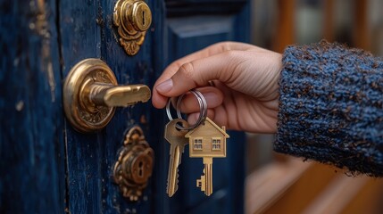 Wall Mural - Unlocking New Opportunities - Close-up of Hand Turning Key with House Keychain in Open Door as Symbol of Property Investment