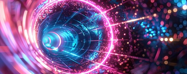 Fototapete - Abstract tunnel design with vibrant neon colors and dynamic light trails creating a futuristic atmosphere.