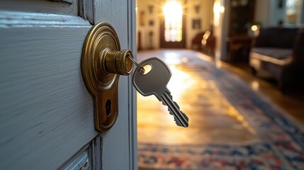 Wall Mural - Unlocking Dreams: Real Estate Purchase with Key and Home-Shaped Keychain, Bright Interior View