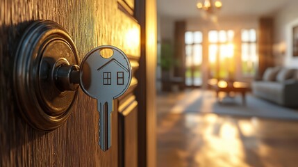 Wall Mural - Welcoming New Beginnings: Real Estate Purchase Concept with Open Door, Key, and Home-shaped Keychain in Bright Home Interior