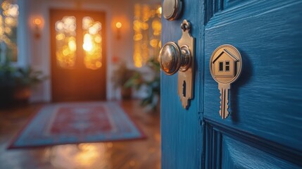 Wall Mural - Unlocking Your Dream Home: Open Door with Key and Home-shaped Keychain Revealing Bright New Interior