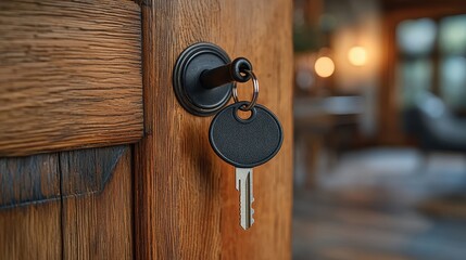 Wall Mural - Welcome Home - Key with Home-Shaped Keychain in Bright, Inviting Door Lock of New Property